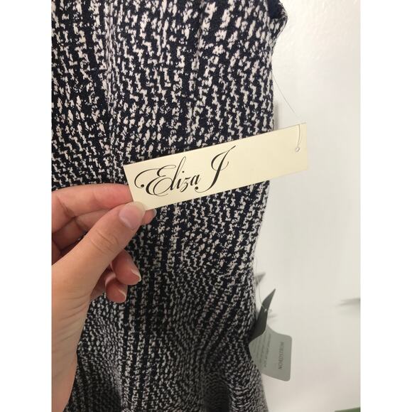 Eliza J NWT Navy Blue White Textured Dress Simple Cute Feminine Women's 14 Guest - Picture 3 of 11
